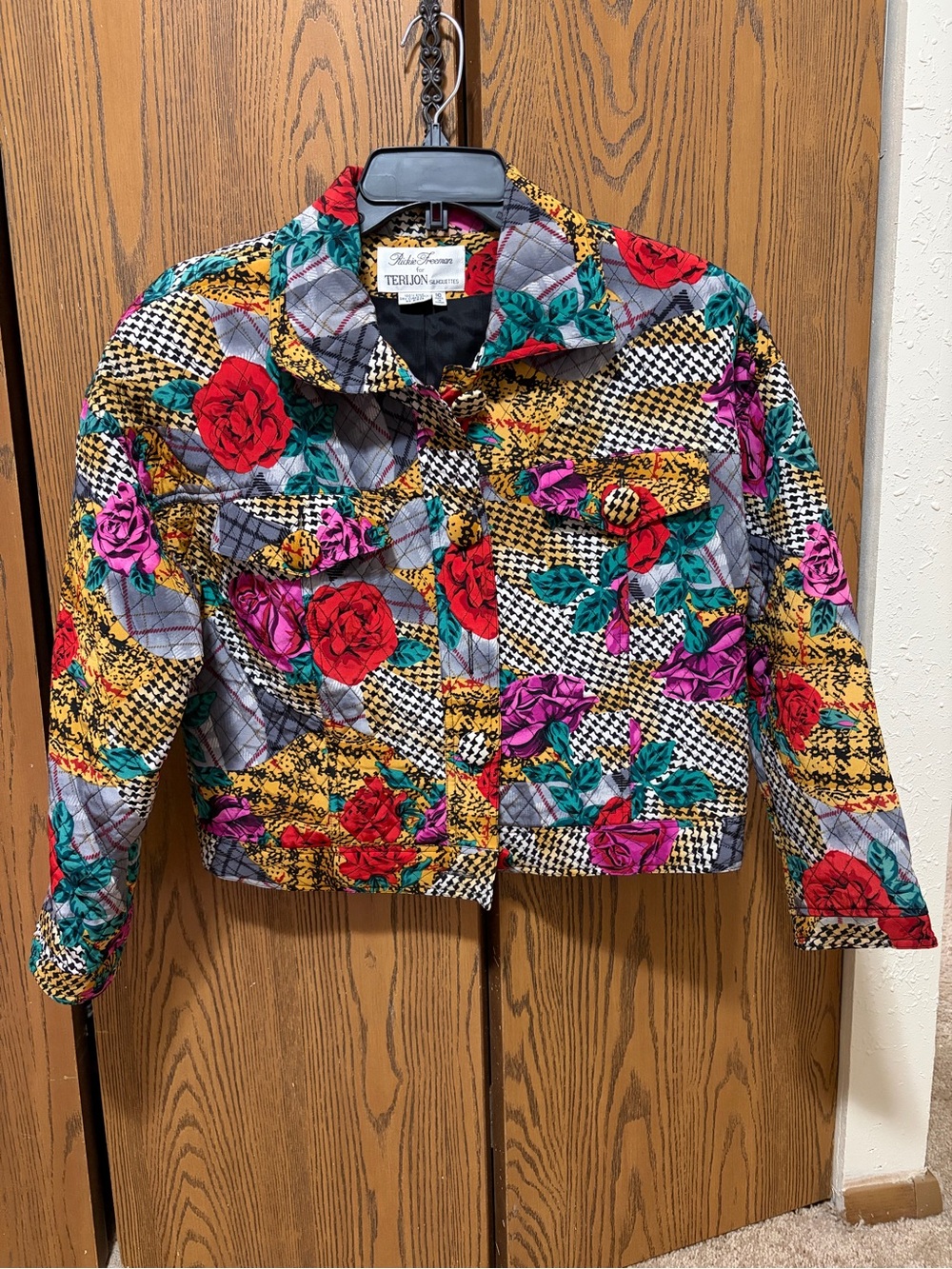 100% Silk Teri Jon Multicolor Floral Patchwork Jean Jacket - Red, Pink & Green